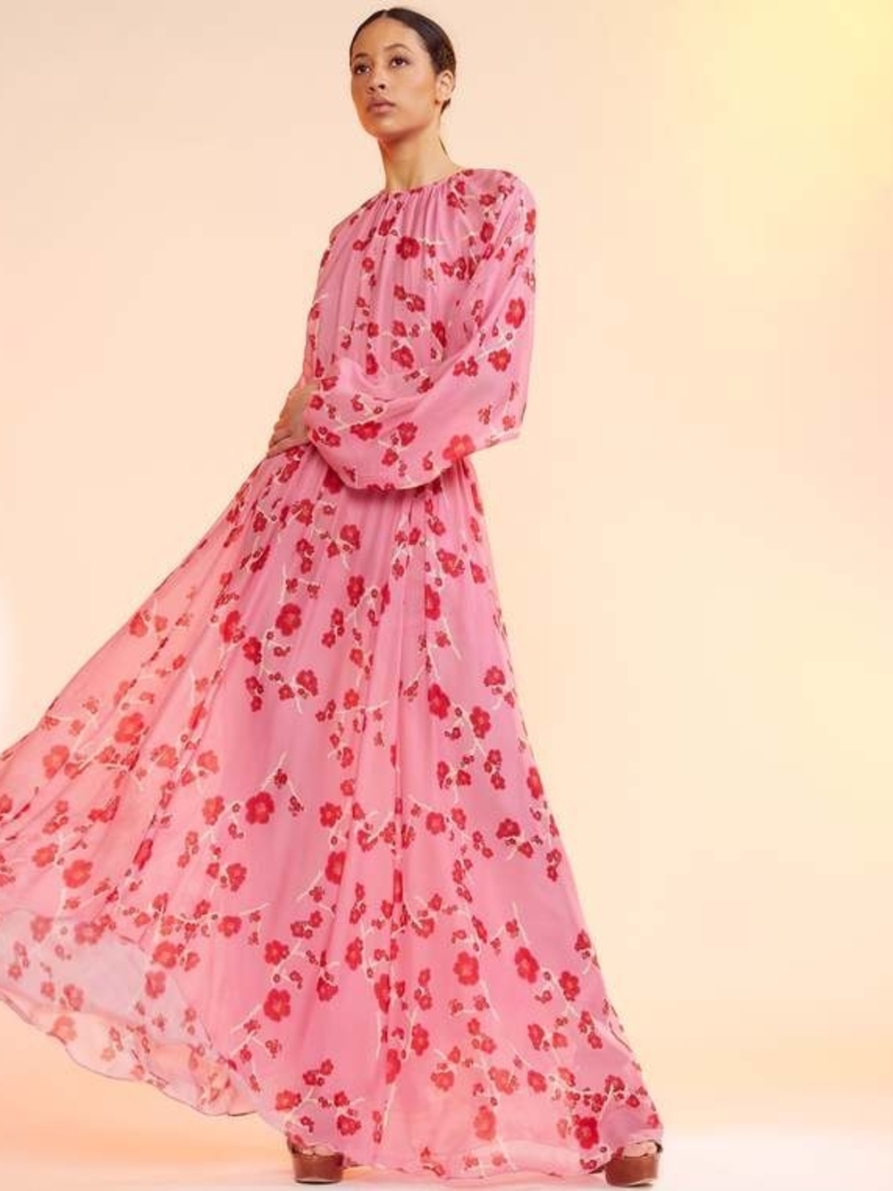 Pink Floral Long-Sleeve Maxi Dress